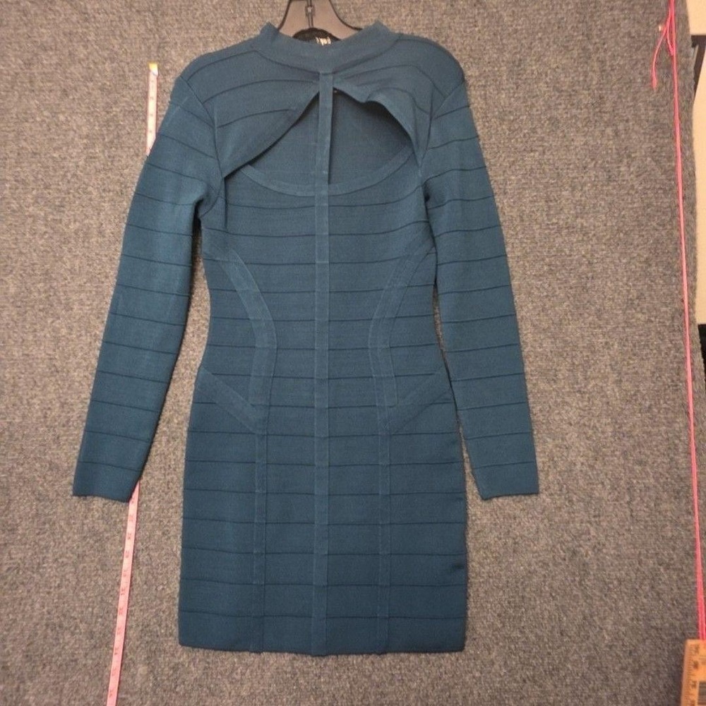 Bebe Dress Womens L Blue Mock Neck Cutout Long Sleeve Bodycon Sweater Dress